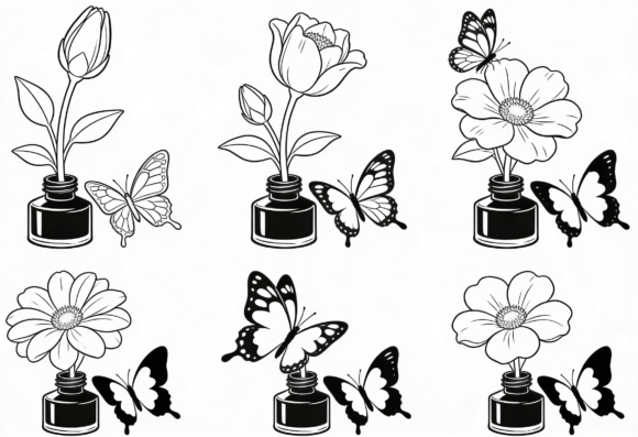 Floral Butterfly Ink Bottle Line Art Review